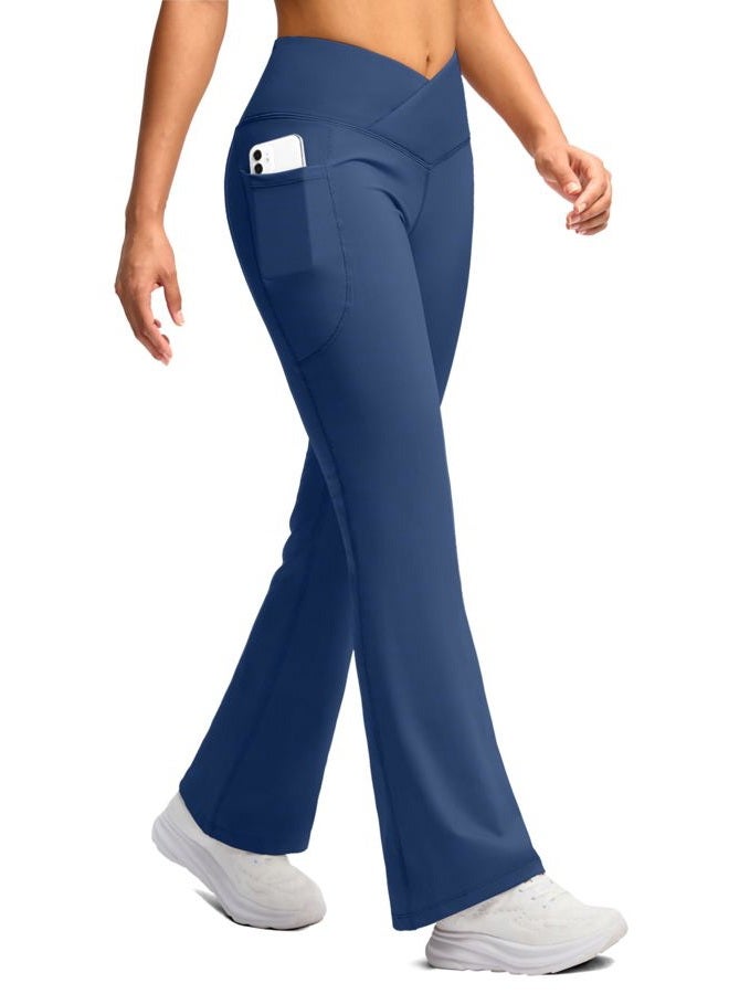 SANTINY Women's Fleece Lined Pants with Pockets High Waisted Crossover Yoga Pants Water Resistant Thermal Warm Flare Leggings for Women 28 Inch(Blue_L) - Image 1