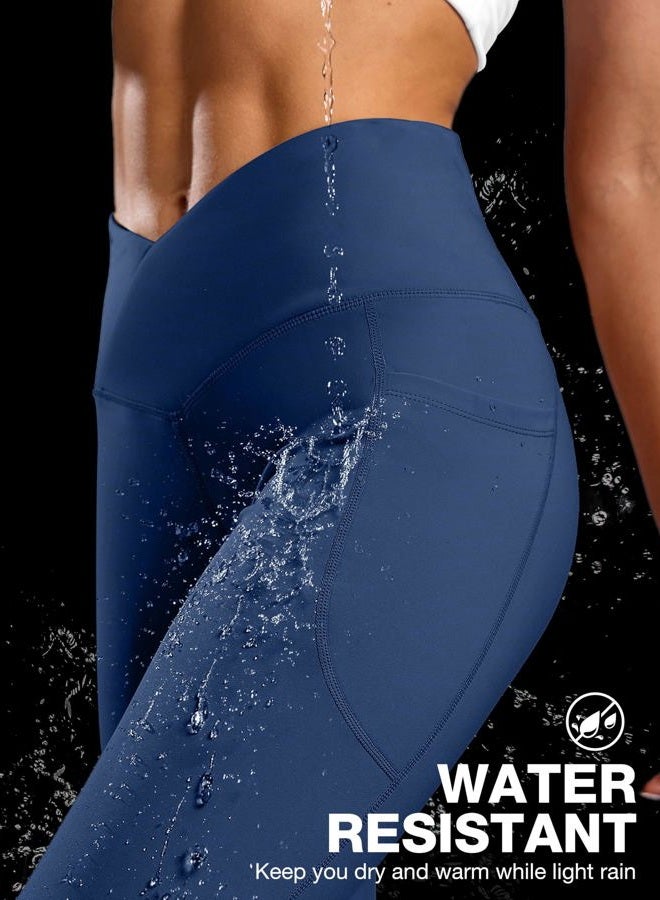 SANTINY Women's Fleece Lined Pants with Pockets High Waisted Crossover Yoga Pants Water Resistant Thermal Warm Flare Leggings for Women 28 Inch(Blue_L) - Image 5