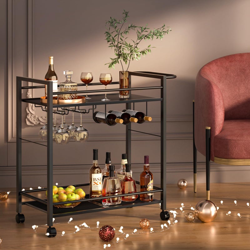 Joaxswe Bar Cart,Home Bar Serving Cart with Storage Shelves, 2 Tier Rolling Beverage Cart with Wheels, Modern Wine Cart with Wine Rack and Glass Holder for Kitchen, Living Room,Dinning Room,Black - Image 5