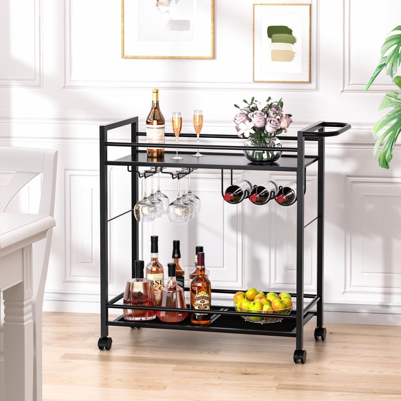 Joaxswe Bar Cart,Home Bar Serving Cart with Storage Shelves, 2 Tier Rolling Beverage Cart with Wheels, Modern Wine Cart with Wine Rack and Glass Holder for Kitchen, Living Room,Dinning Room,Black - Image 4