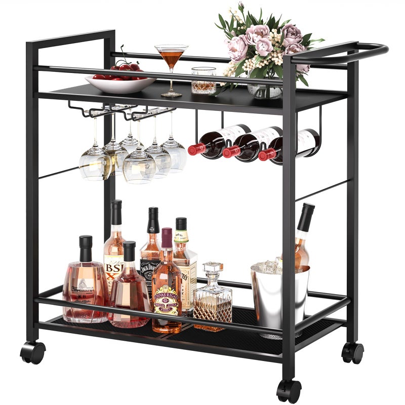 Joaxswe Bar Cart,Home Bar Serving Cart with Storage Shelves, 2 Tier Rolling Beverage Cart with Wheels, Modern Wine Cart with Wine Rack and Glass Holder for Kitchen, Living Room,Dinning Room,Black - Image 1