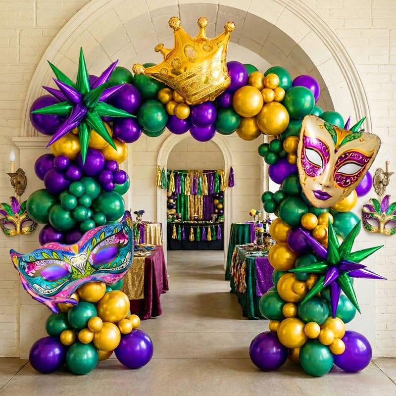 besttideyes 125 Carnival Balloon Garland Arch Kit - Purple, Emerald Green &Pearl Gold Balloons with Masks, Crown, and Exploding Star Foil Festive Party Decor for Masquerade, Birthday, Royal Events - Image 1