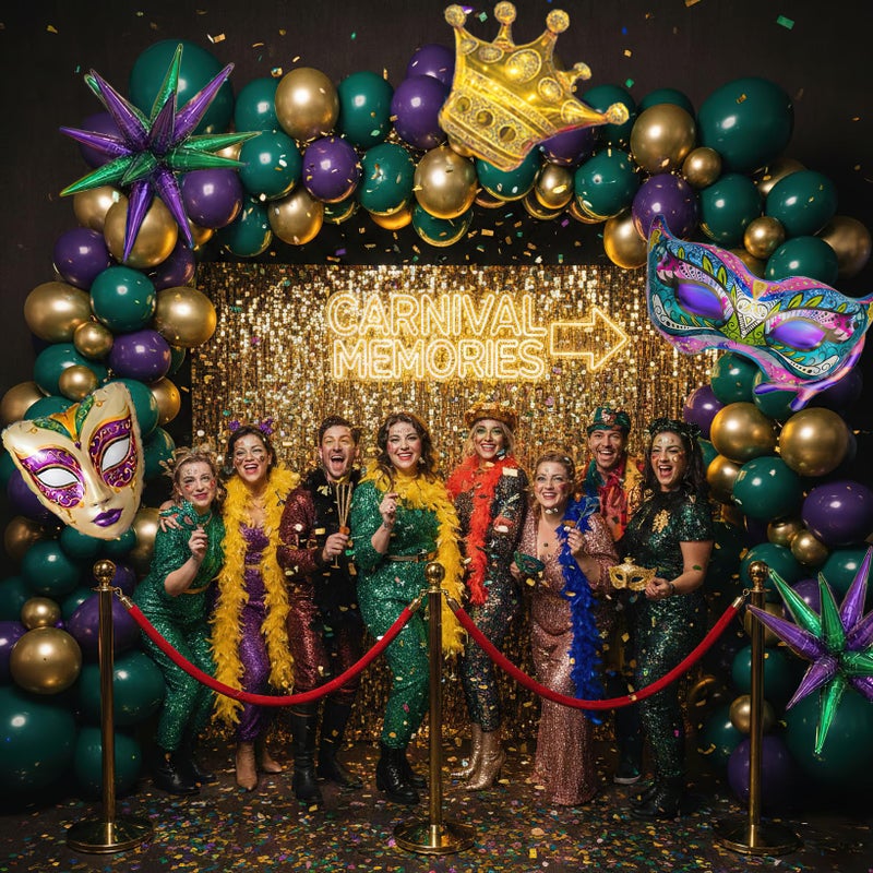 besttideyes 125 Carnival Balloon Garland Arch Kit - Purple, Emerald Green &Pearl Gold Balloons with Masks, Crown, and Exploding Star Foil Festive Party Decor for Masquerade, Birthday, Royal Events - Image 5