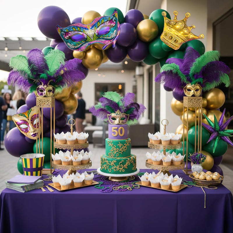 besttideyes 125 Carnival Balloon Garland Arch Kit - Purple, Emerald Green &Pearl Gold Balloons with Masks, Crown, and Exploding Star Foil Festive Party Decor for Masquerade, Birthday, Royal Events - Image 2