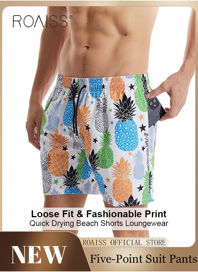 roaiss - Men Beach Shorts Fashionable Printed Quick Dry Fabric Loose Fit for Body Enhancement Men Mid Length Swim Trunks & Beach Pants - Image 1