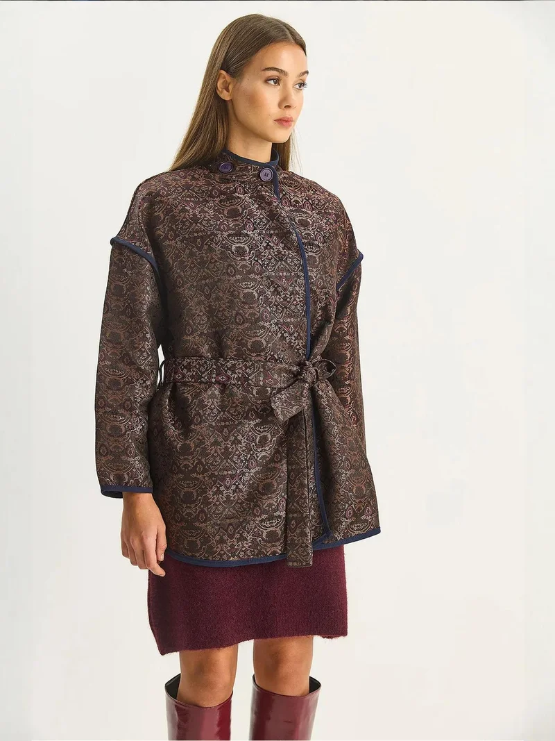 Bianco Lucci Dark Mocha Brown LUCCI Oversized Jacquard Pattern Buckle Closure Jacket for Women | Best Price UAE