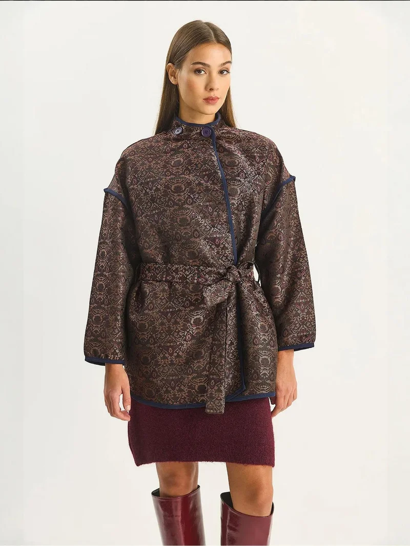 Bianco Lucci LUCCI Oversized Jacquard Pattern Buckle Closure Jacket