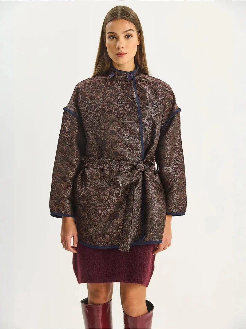 Bianco Lucci Dark Mocha Brown LUCCI Oversized Jacquard Pattern Buckle Closure Jacket for Women | Best Price UAE