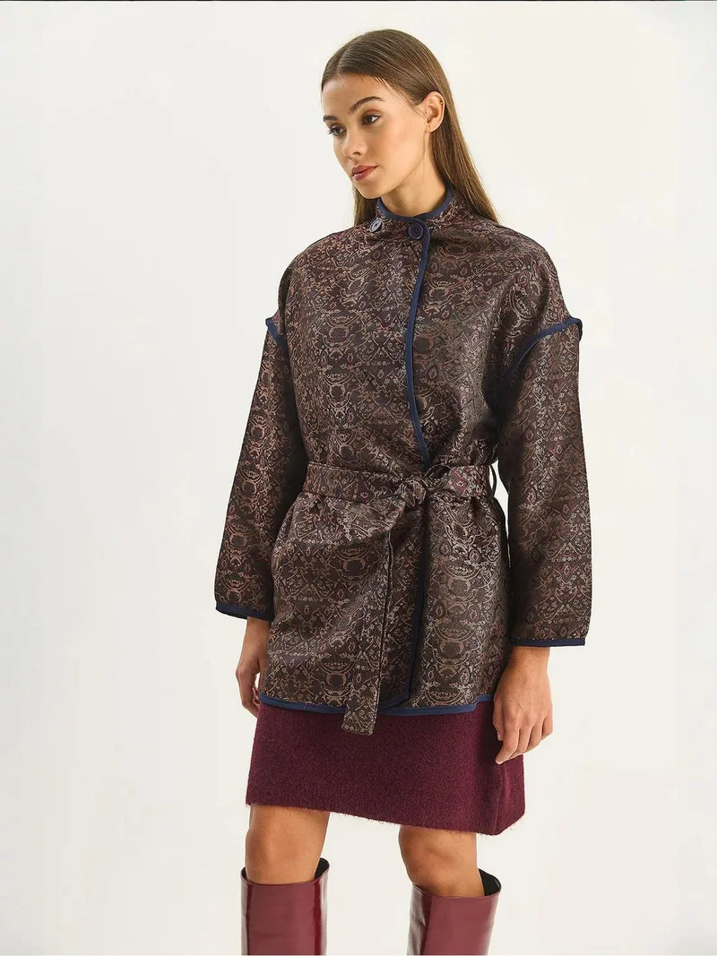Bianco Lucci Dark Mocha Brown LUCCI Oversized Jacquard Pattern Buckle Closure Jacket for Women | Best Price UAE