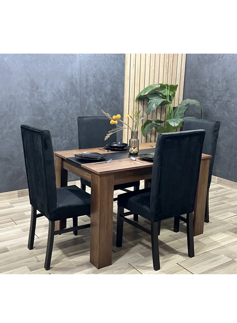 طقم طاولة طعام 4 كراسي بتصميم أنيق – خشب MDF وكسوة قطيفة، مقاس 120×80×76 سم لون اسود