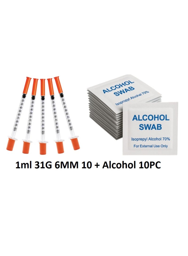 محقنة أنسولين سعة 1 مل، مقاس 31G، طول 6 مم، مزودة بضمادات كحولية - محاقن معقمة فائقة الدقة للاستخدام مرة واحدة