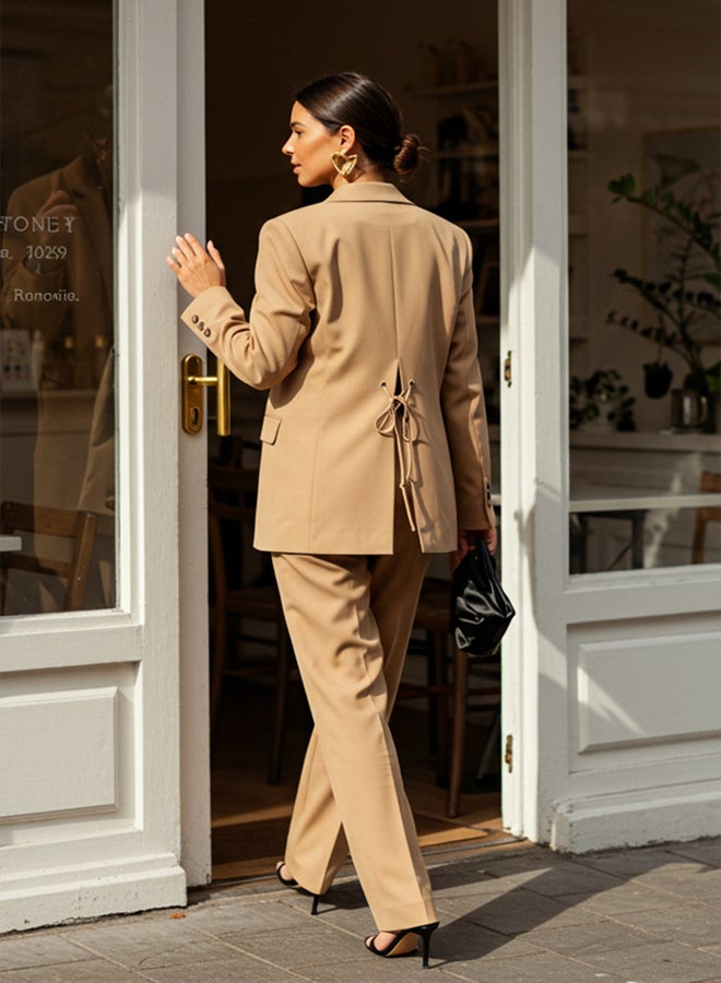 trendyol Dark Beige Back Tie Detail Oversize Woven Blazer Jacket - Image 2