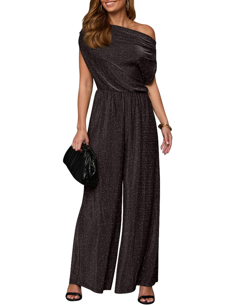 YMDUCH Women's Casual Off Shoulder Short Sleeve Wide Leg Long Pant Elegant Sparkly Party Jumpsuit Black Sparkly - Image 1