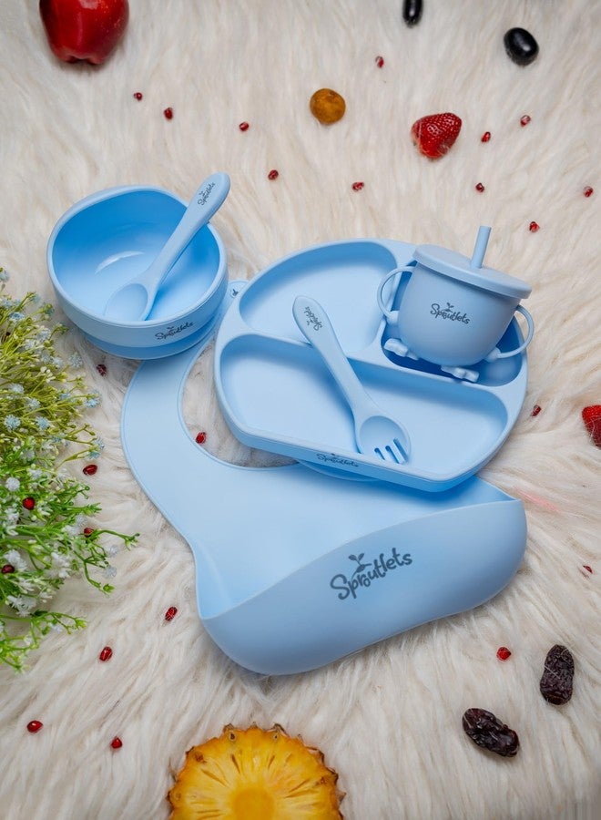 Sproutlets 6 Pcs Silicone Baby Feeding Set | BPA-Free Baby Dinner Set with Suction Plate, Bowl, Bib, Cup, Spoon & Fork | Microwave & Dishwasher Safe | 6+ Months (Sky Blue) - Image 1