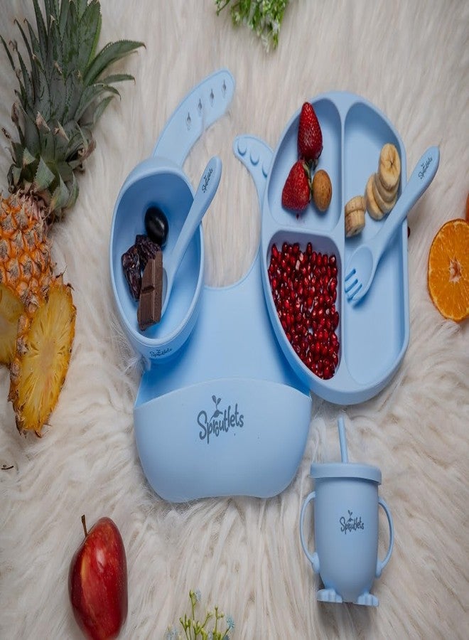 Sproutlets 6 Pcs Silicone Baby Feeding Set | BPA-Free Baby Dinner Set with Suction Plate, Bowl, Bib, Cup, Spoon & Fork | Microwave & Dishwasher Safe | 6+ Months (Sky Blue) - Image 2