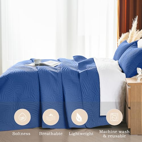 OARAGE Twin Quilt Bedding Set Soft Lightweight Dark Blue Bedspread with Leaf Pattern Ultrasonic Microfiber Bed Coverlet for All Season (1 Quilt,1 Sham) - Image 3
