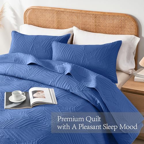 OARAGE Twin Quilt Bedding Set Soft Lightweight Dark Blue Bedspread with Leaf Pattern Ultrasonic Microfiber Bed Coverlet for All Season (1 Quilt,1 Sham) - Image 4