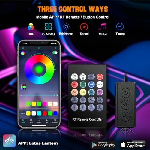 Jushope Car LED Lights, Interior Car Lights with Wireless APP/RF Remote/Button Control, Car Ambient Lighting Kit with 236" Integrated Molding Fiber Optic RGB Sync to Music (9 in 1-USB) - Image 3
