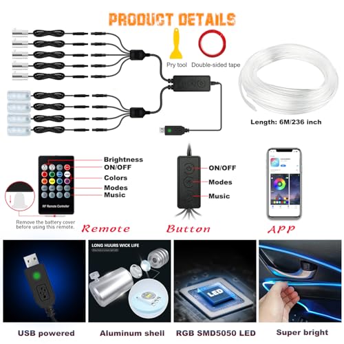 Jushope Car LED Lights, Interior Car Lights with Wireless APP/RF Remote/Button Control, Car Ambient Lighting Kit with 236" Integrated Molding Fiber Optic RGB Sync to Music (9 in 1-USB) - Image 4