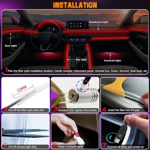 Jushope Car LED Lights, Interior Car Lights with Wireless APP/RF Remote/Button Control, Car Ambient Lighting Kit with 236" Integrated Molding Fiber Optic RGB Sync to Music (9 in 1-USB) - Image 5