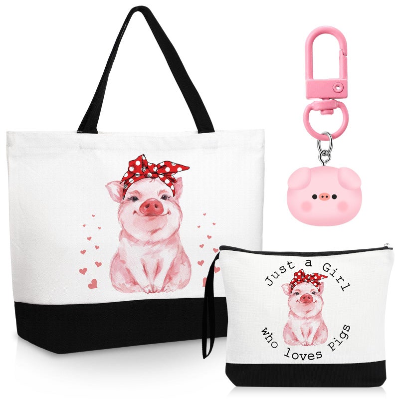 Dansydaisy 3 Pcs Pigs Lover Gift for Women Canvas Tote Bag Travel Cosmetic Bags Keychain Portable Makeup Zipper Pouch with Handle Funny Birthday Gift for Coworker Boss Staff Employee Staff Team Work - Image 2