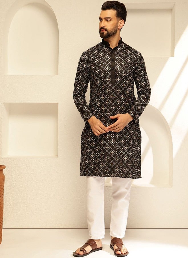 Sojanya Floral Embroidered Black Kurta for Men - Image 1