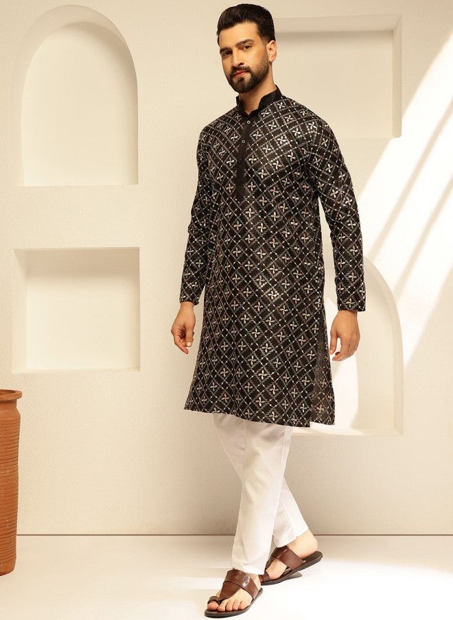Sojanya Floral Embroidered Black Kurta for Men - Image 3