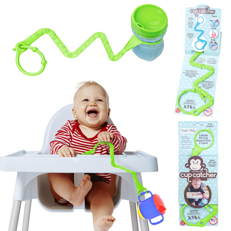 Brilli Baby Cup Catcher Patented Safety Tether Strap, Attach Sippy Cups, Bottles, Pacifiers & More to Stroller, High Chair, Car Seat, Made in USA, Food Grade, Dishwasher Safe (Lime Green) - Image 1