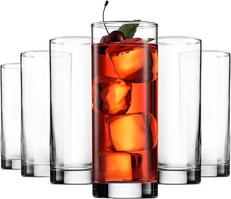 GIYANZA Premium Round Plaza Water Glass Heavy Base Water and Juice Glass Long Highball Drinking Glasses Mojito Glass Cups Tom Collins Bar and Mixed Drink Glass Long Round Glass 300ML 6 PCS - Image 1