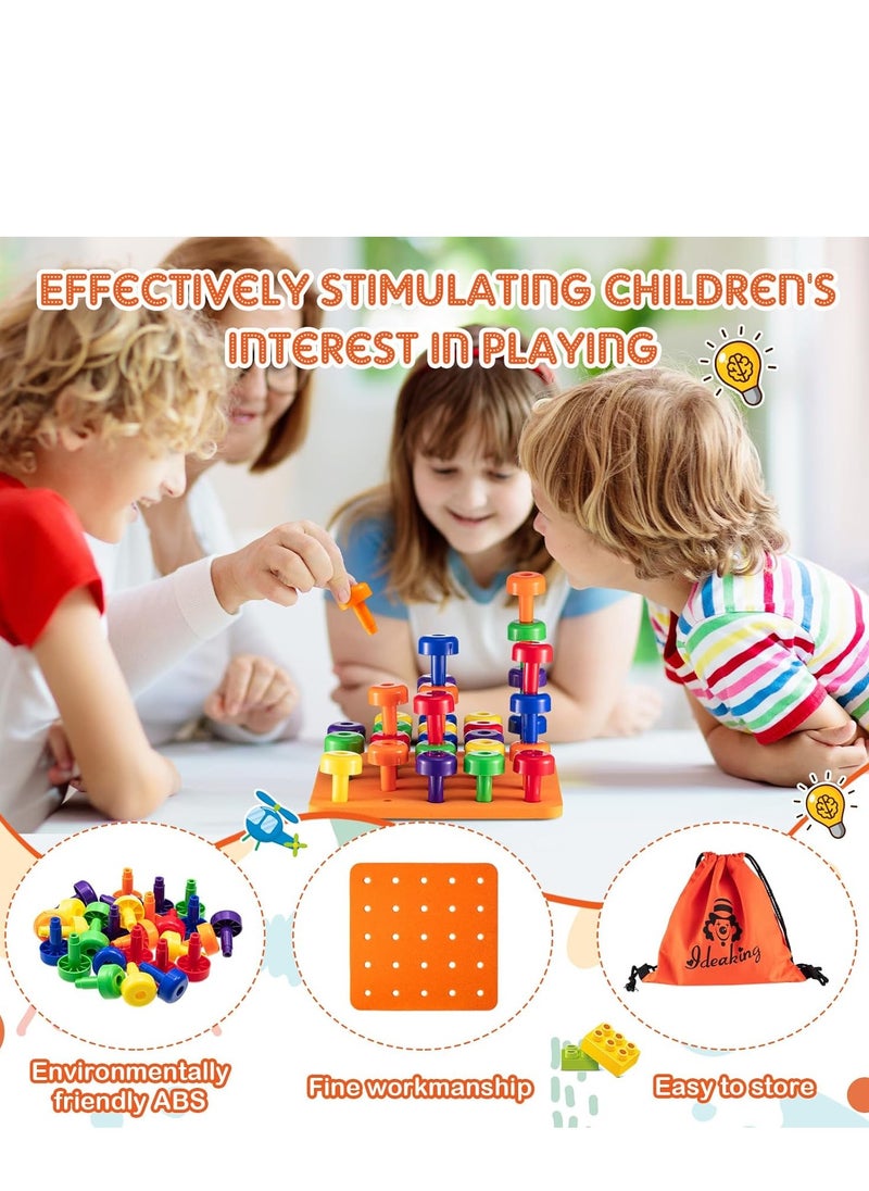 XICEN - Montessori Peg Board Set Toy, Stackable Pegboard Game, Sorting & Stacking Games STEM Educational Toy, Color Matching & Shape Recognition Toy For Toddlers & Preschoolers Includes 30 Pegs and 1 Foam Board - Image 1