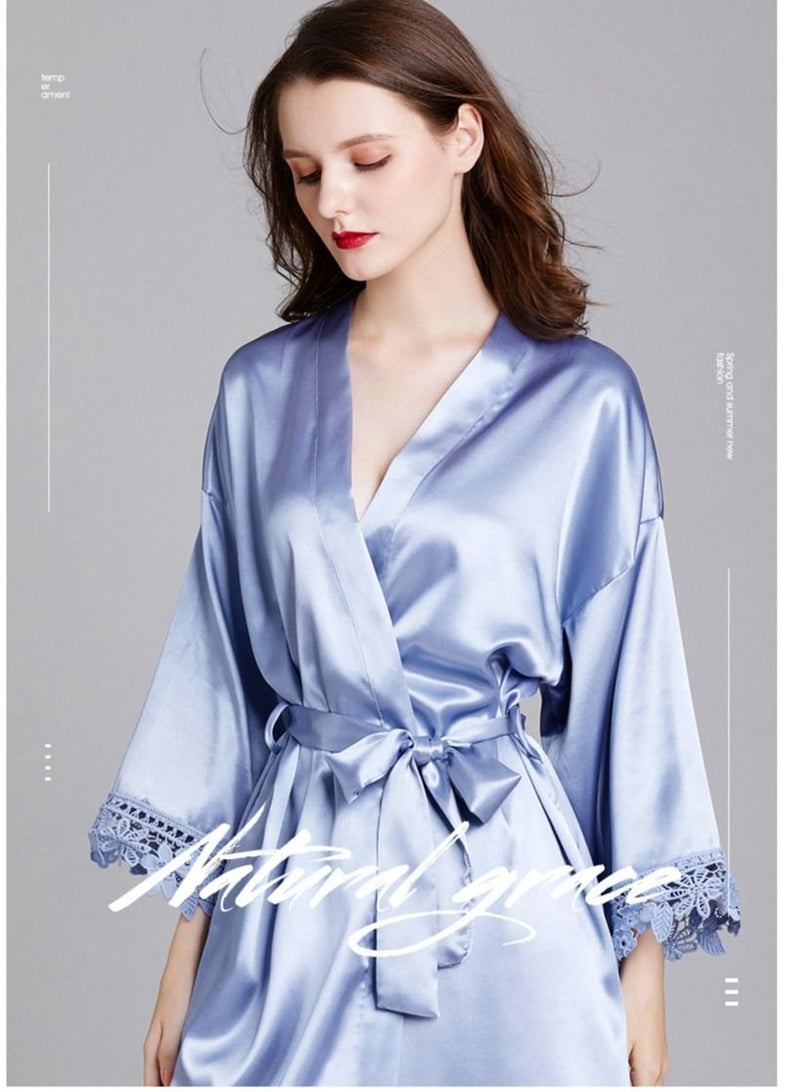 NIBEMINENT Ladies Night Gown Long-Sleeved Plus Size Silk Home Bathrobe Pajamas  - Image 2