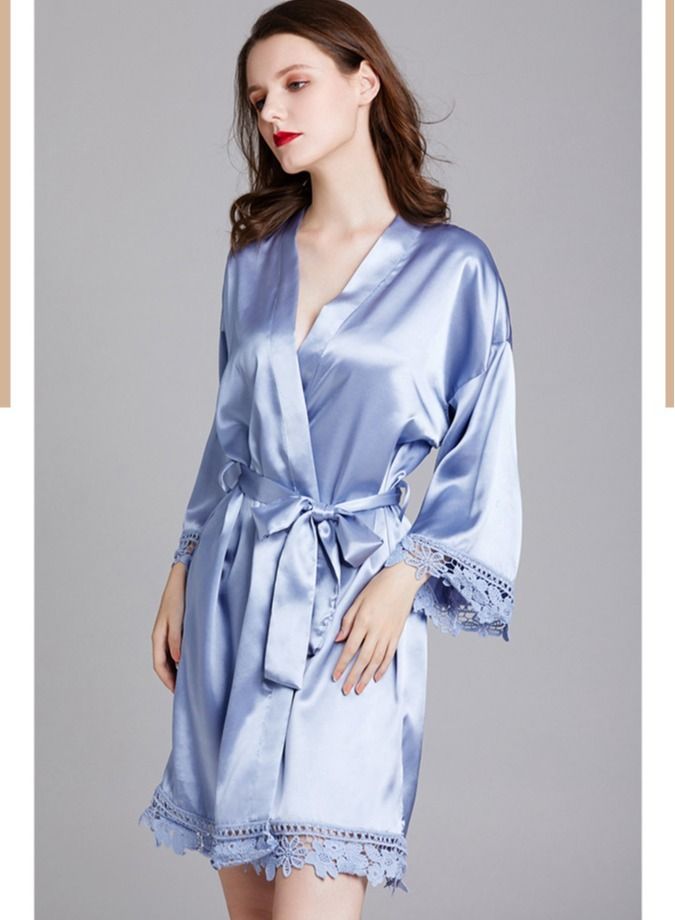 NIBEMINENT Ladies Night Gown Long-Sleeved Plus Size Silk Home Bathrobe Pajamas  - Image 1