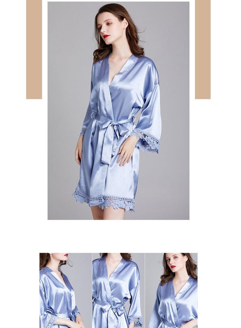 NIBEMINENT Ladies Night Gown Long-Sleeved Plus Size Silk Home Bathrobe Pajamas  - Image 3