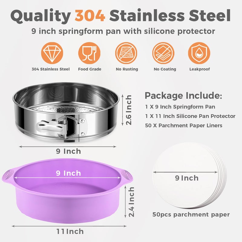 Molgree 304 Stainless Steel Springform Pan 9 Inch Nonstick, Leakproof Cheesecake Pan with Removable Bottom, 9 Spring Form Pan for Cheesecake with Protector, 9 Inch Springform Pan with 50Pcs Parchment - Image 5