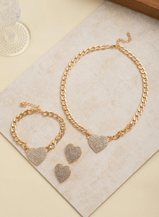 Take Two  Set of 3 - Gold Heart Drop Necklace with Bracelet and Earrings for Women | Best Price UAE