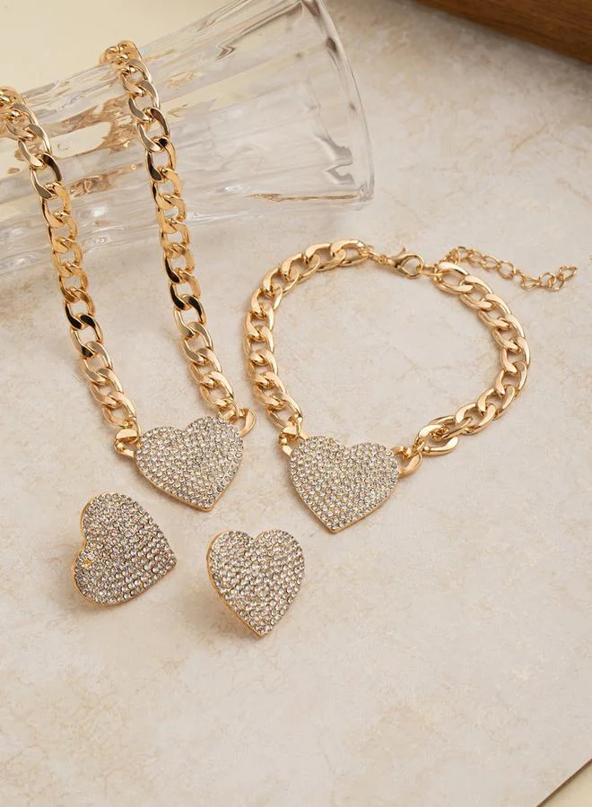 Take Two  Set of 3 - Gold Heart Drop Necklace with Bracelet and Earrings for Women | Best Price UAE