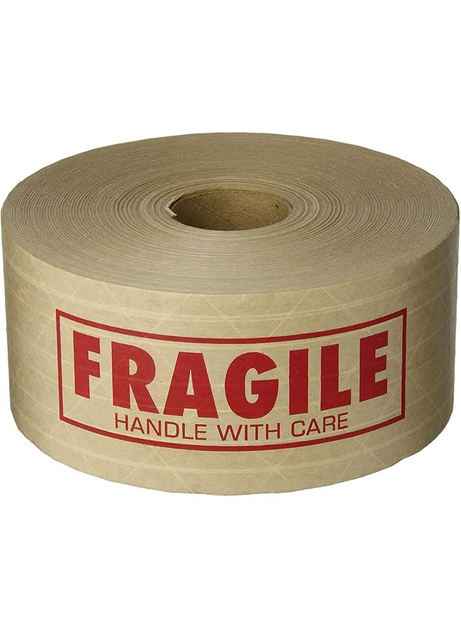 PROMASS promass Fragile Fiberglass Reinforced Water Activated Kraft Paper Tape, 76mm Width x 137m Length, Strong Adhesive Fragile Handle with Care Printed for Box Sealing and Packaging  - Image 1