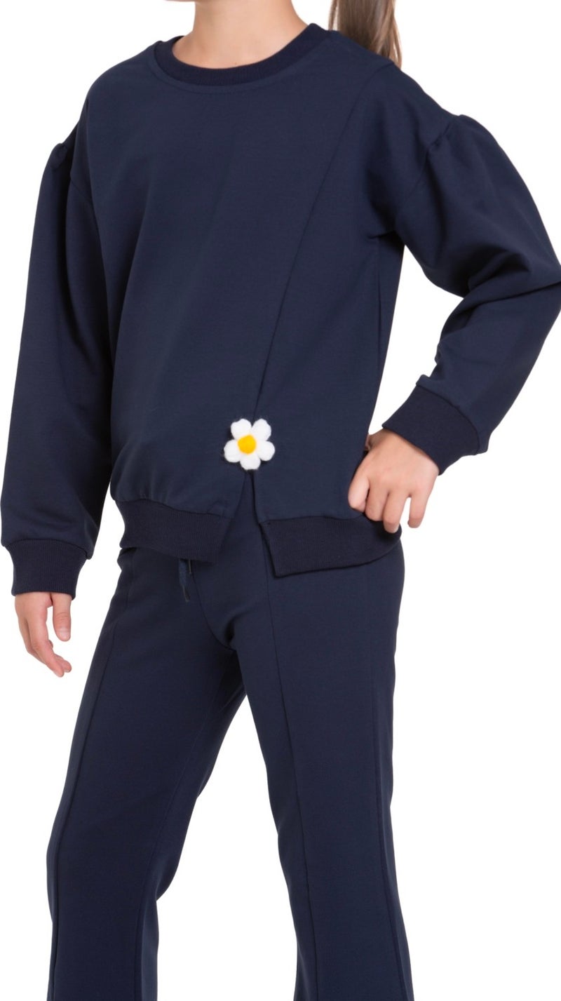 Zepkids Crew Neck Long Sleeve Daisy Detailed Long Sleeve Navy Blue Color Girls Tracksuit Set  - Image 2