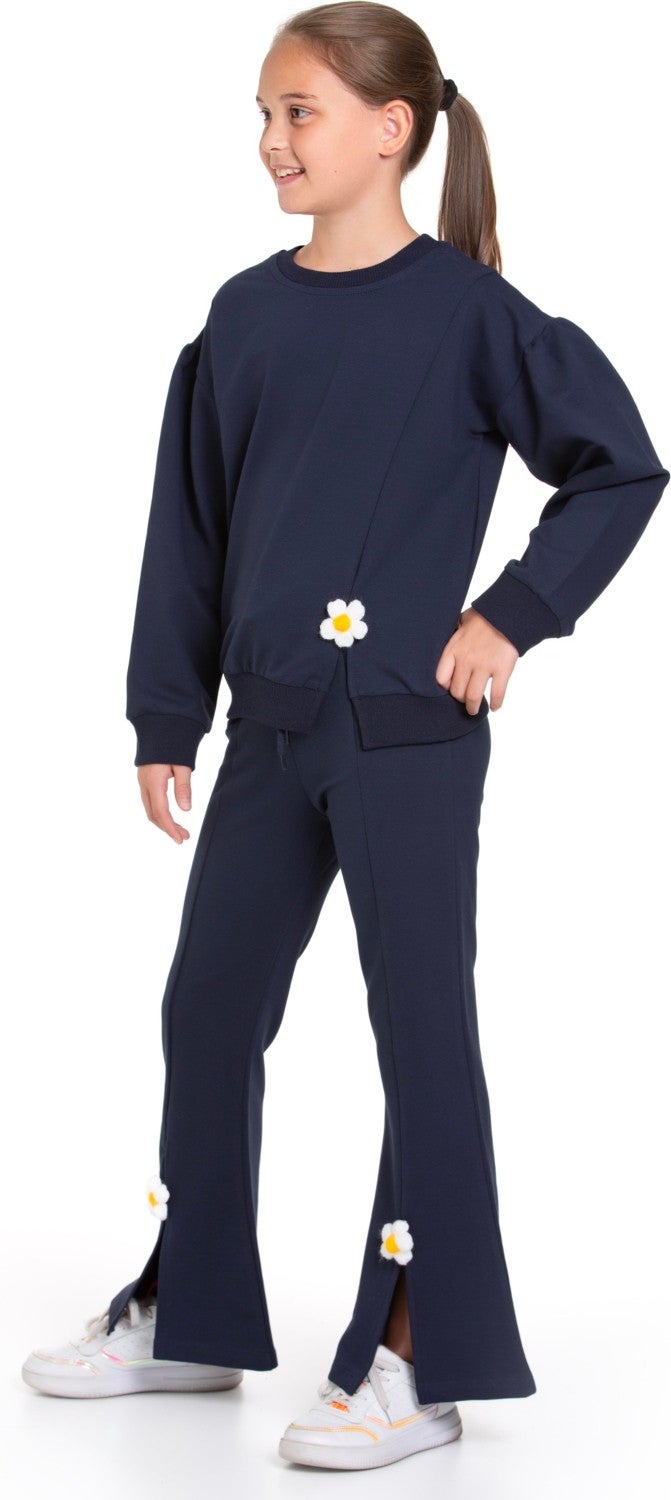 Zepkids Crew Neck Long Sleeve Daisy Detailed Long Sleeve Navy Blue Color Girls Tracksuit Set  - Image 3