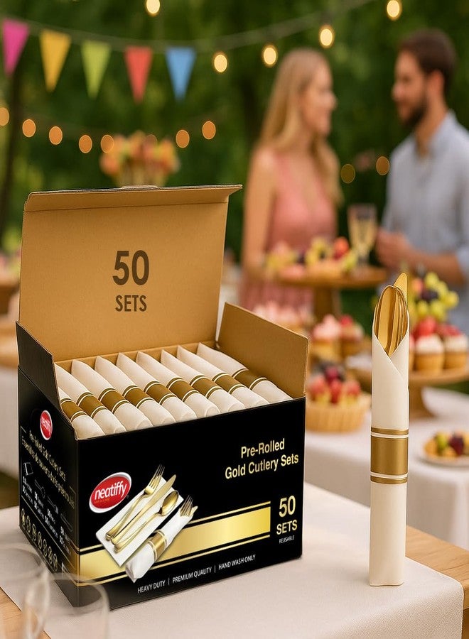 Neatiffy طقم أدوات المائدة البلاستيكية الذهبية من نيتيفي 50 قطعة، مع مناديل مطوية مسبقًا وأدوات مائدة مع 50 شوكة، 50 سكين، 50 ملعقة، 50 منديل، أدوات، أدوات مائدة للحفلات، الزفاف وأعياد الميلاد - Image 4