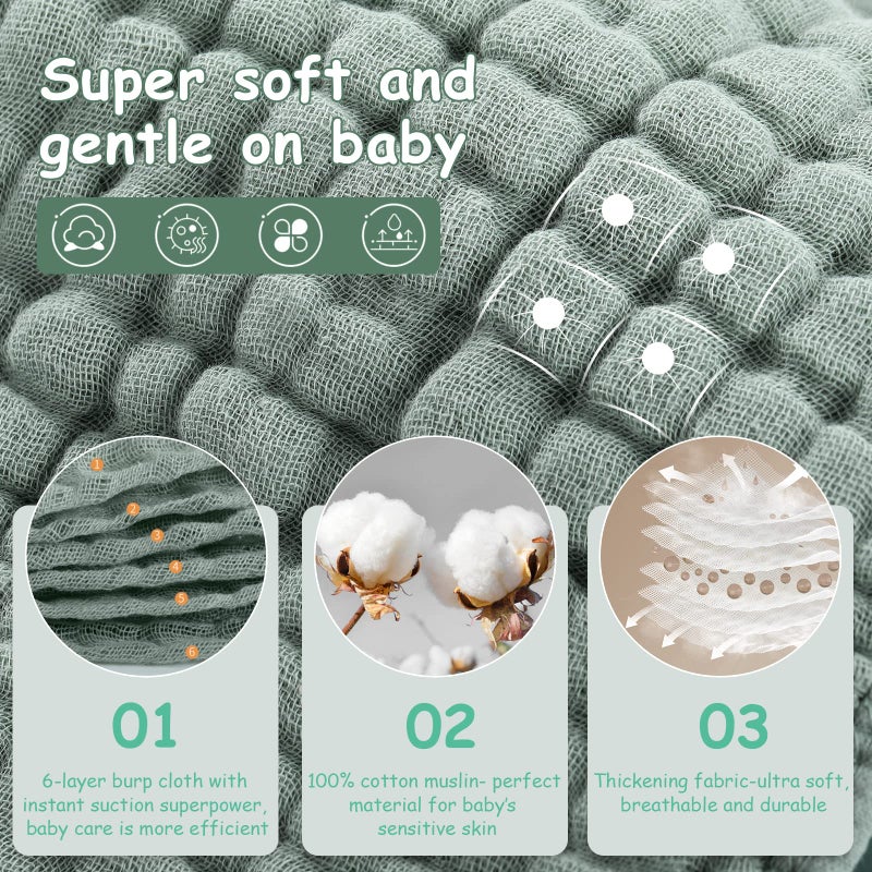 Looxii Muslin Burp Cloths 100% Cotton Large 20''x10'' Extra Soft and Absorbent 6 Pack Baby Burping Cloth for Boys Girls (Dark Green) - Image 2
