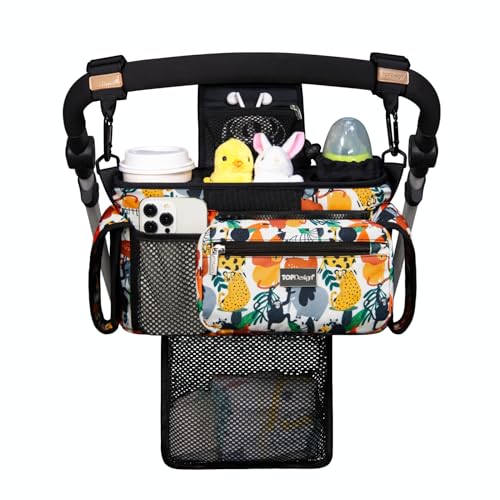 TOPDesign Universal Baby Stroller Organizer Stroller Caddy with Detachable Mesh Bag Heightened Insulated Cup Holders NonSlip Secure Hooks Accessories Fits Most Strollers Zoo - Image 1