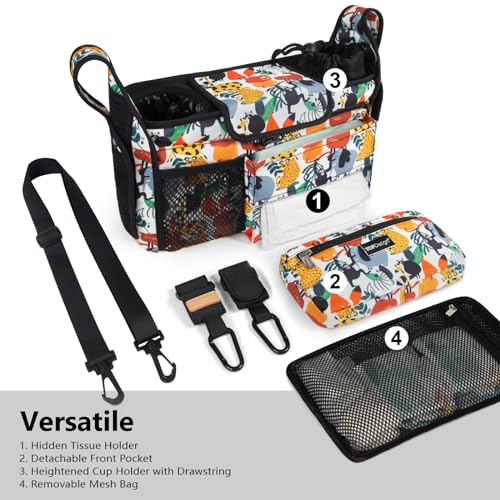 TOPDesign Universal Baby Stroller Organizer Stroller Caddy with Detachable Mesh Bag Heightened Insulated Cup Holders NonSlip Secure Hooks Accessories Fits Most Strollers Zoo - Image 3