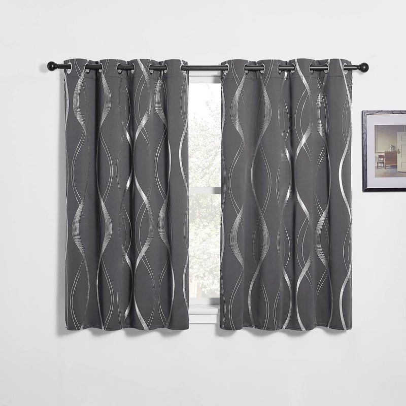 PONY DANCE Grey Blackout Curtains for Living Room  Thermal Insulated Short Eyelet Curtains for Kids Bedroom Soundproof Silver Wave Line Foil Printed Gray Curtains 46 x 54 Inch Drop 2 Panels