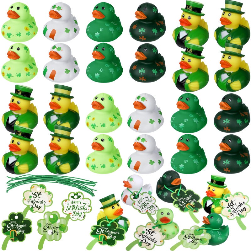Jerify 24 Set St. Patrick's Day Rubber Ducks with St. Patrick's Day Gift Cards 2 Inch Irish Shamrock Lucky Rubber Ducks Holiday Duck Toys for Carnival Party Favor - Image 1