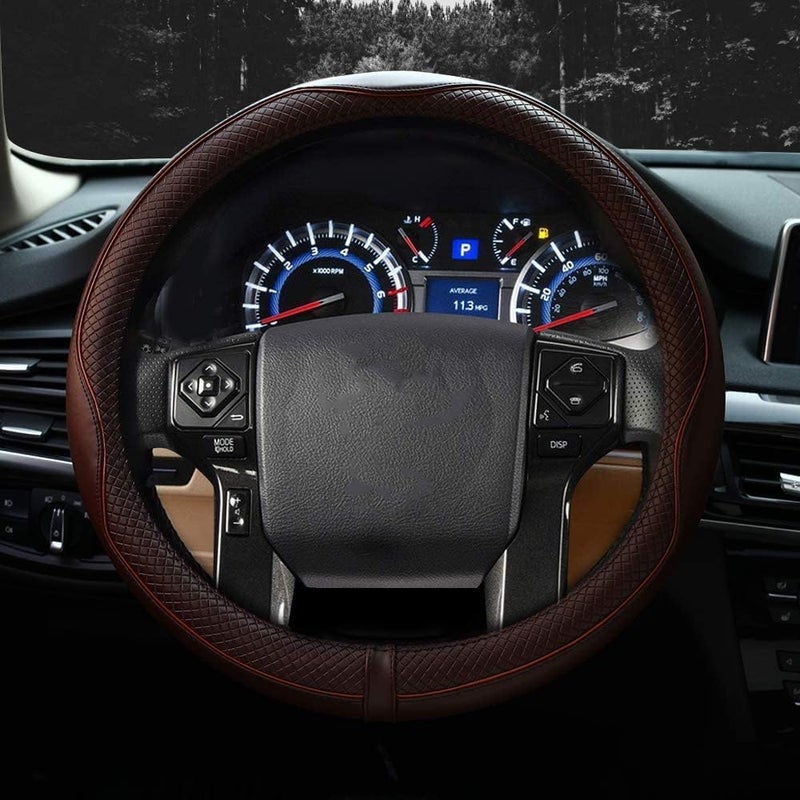 Valleycomfy Steering Wheel Covers Universal 15 inch - Genuine Leather, Breathable, Anti Slip & Odor Free (Coffee, M(14" 1/2-15" 1/4)) - Image 2