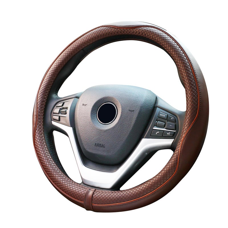 Valleycomfy Steering Wheel Covers Universal 15 inch - Genuine Leather, Breathable, Anti Slip & Odor Free (Coffee, M(14" 1/2-15" 1/4)) - Image 1