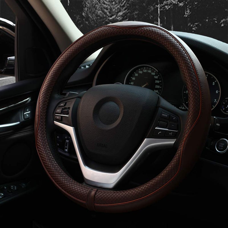 Valleycomfy Steering Wheel Covers Universal 15 inch - Genuine Leather, Breathable, Anti Slip & Odor Free (Coffee, M(14" 1/2-15" 1/4)) - Image 5