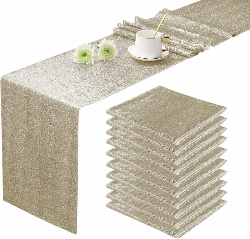 OQSC 10 Pack Sequin Table Runner 12 x 72 Inches Glitter Table Runner for Birthday Party Supplies Decorations 10 Pcs Champagne