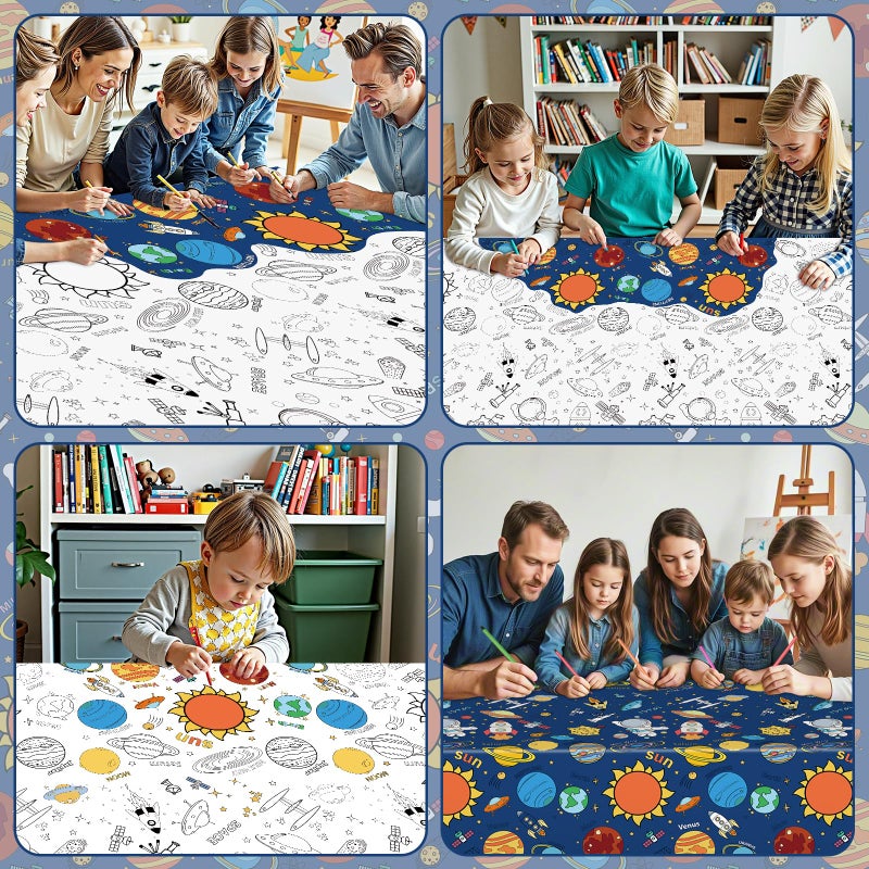 Litmitfu Large Outer Space Coloring Tablecloth - Giant Solar System Theme Colorable Paper Poster, Galaxy Activity Games Table cloth for Space Birthday Party Decorations Supplies Favors Crafts Gifts, 54x108 In - Image 2